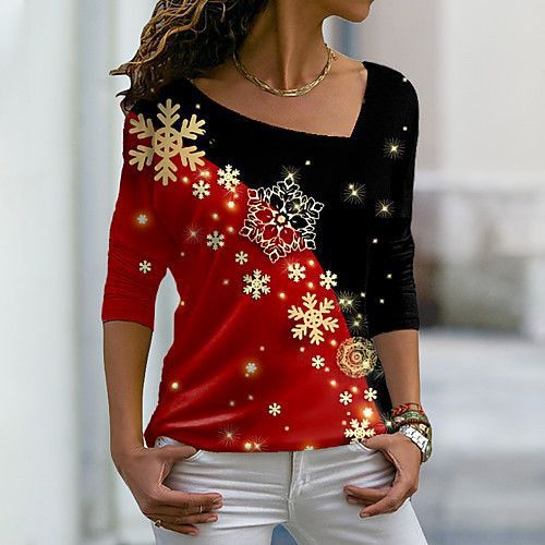 Christmas Element Printed Long Sleeve Diagonal Collar Pullover Women's T-shirt