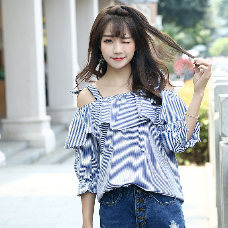 Sling Trumpet Sleeve Striped Shirt Womens Summer Korean Loose Student Ruffled Collar Off-Shoulder Top