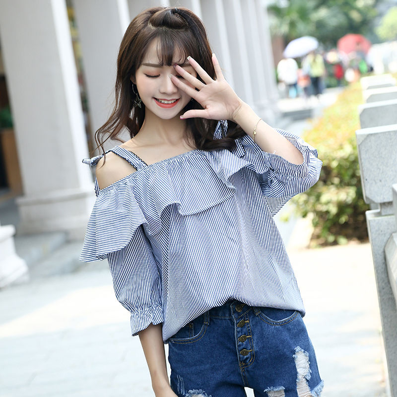 Sling Trumpet Sleeve Striped Shirt Womens Summer Korean Loose Student Ruffled Collar Off-Shoulder Top