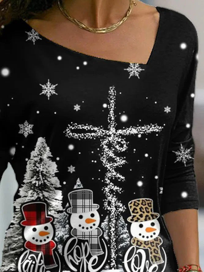 Christmas Element Printed Long Sleeve Diagonal Collar Pullover Women's T-shirt