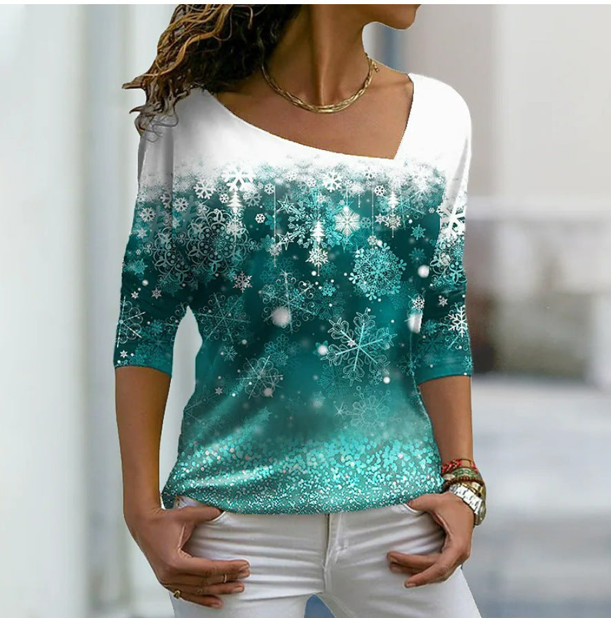 Christmas Element Printed Long Sleeve Diagonal Collar Pullover Women's T-shirt