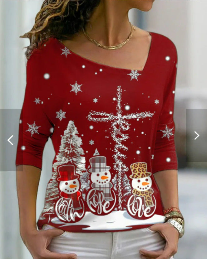 Christmas Element Printed Long Sleeve Diagonal Collar Pullover Women's T-shirt