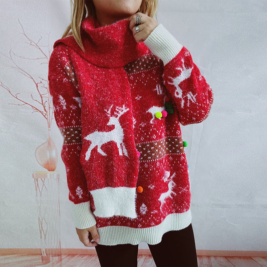 Women's Fashion Deer Snowflake Jacquard Colorful Ball Christmas Sweater Scarf Two-piece Set