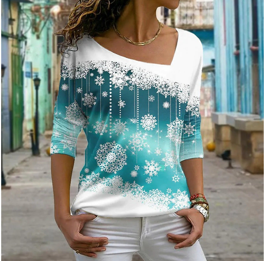 Christmas Element Printed Long Sleeve Diagonal Collar Pullover Women's T-shirt