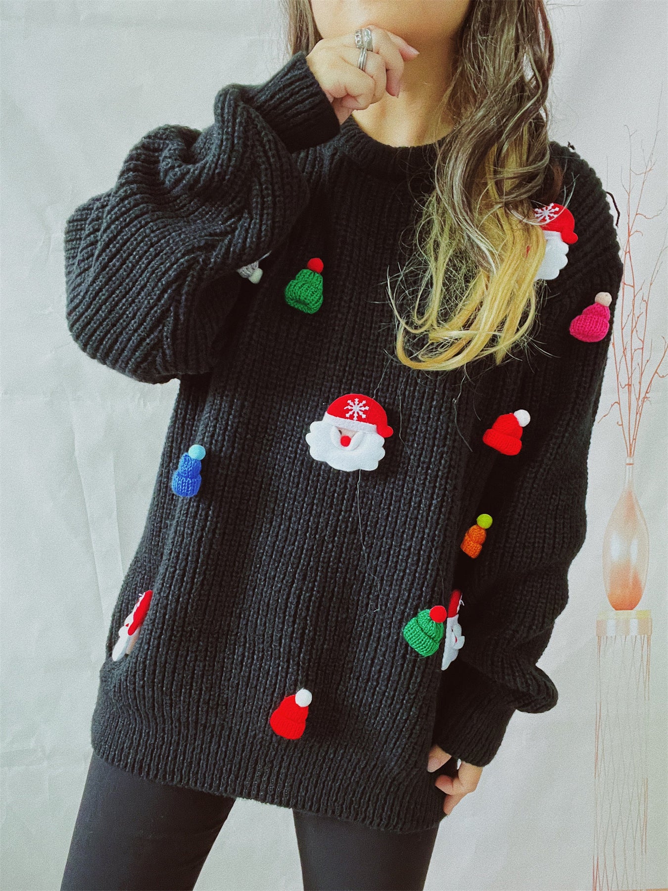 Women's Cute Fashion Santa Claus Three-dimensional Decoration Round Neck Long Sleeve Sweater