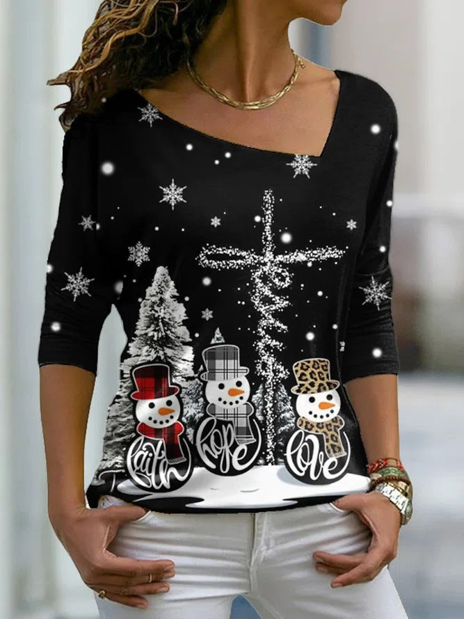 Christmas Element Printed Long Sleeve Diagonal Collar Pullover Women's T-shirt