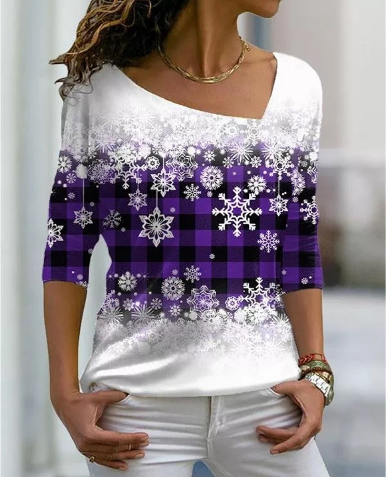 Christmas Element Printed Long Sleeve Diagonal Collar Pullover Women's T-shirt