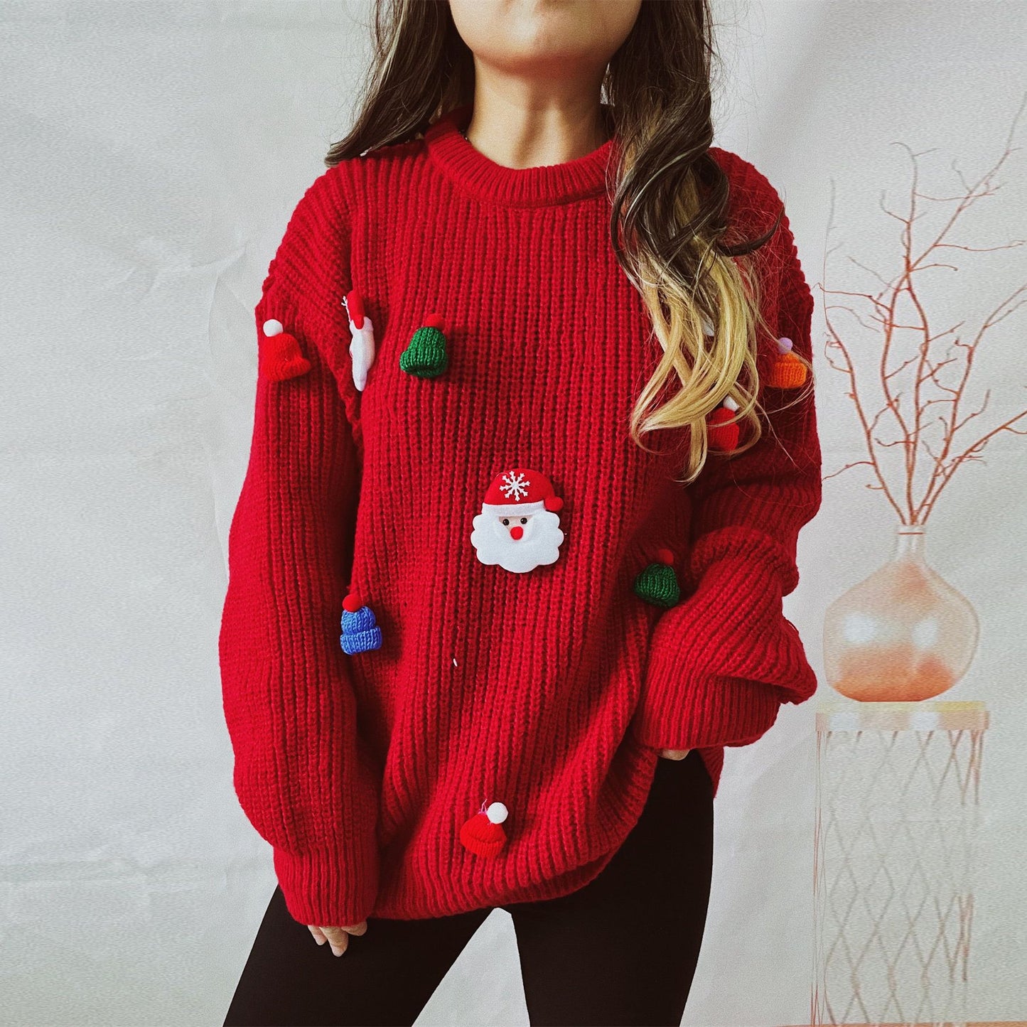 Women's Cute Fashion Santa Claus Three-dimensional Decoration Round Neck Long Sleeve Sweater