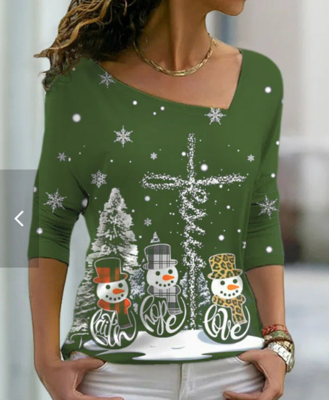 Christmas Element Printed Long Sleeve Diagonal Collar Pullover Women's T-shirt