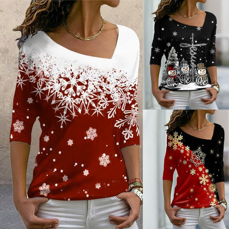 Christmas Element Printed Long Sleeve Diagonal Collar Pullover Women's T-shirt