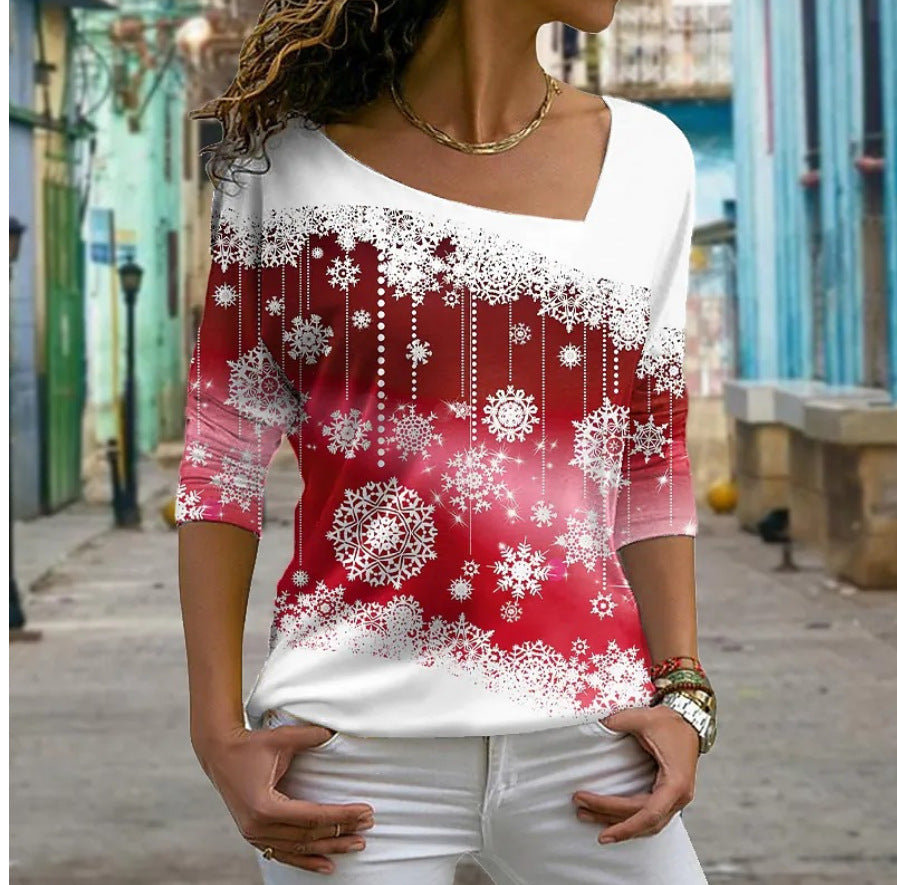 Christmas Element Printed Long Sleeve Diagonal Collar Pullover Women's T-shirt